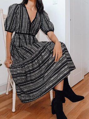 Lulus Make It Official Black Striped Button-front Tiered Midi Dress - Size XS